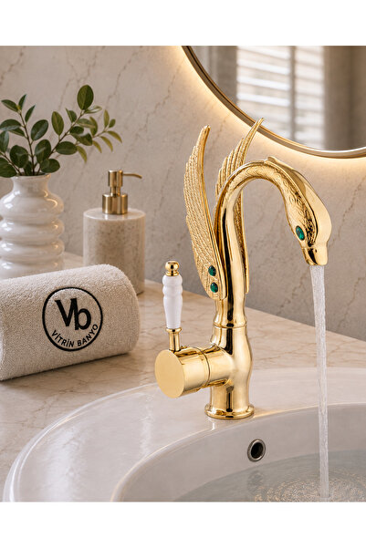 vb vitrinbanyo صنبور حوض سوغي ذهبي - صنبور نحاسي عتيق الطراز مزخرف بالحجر الأ...