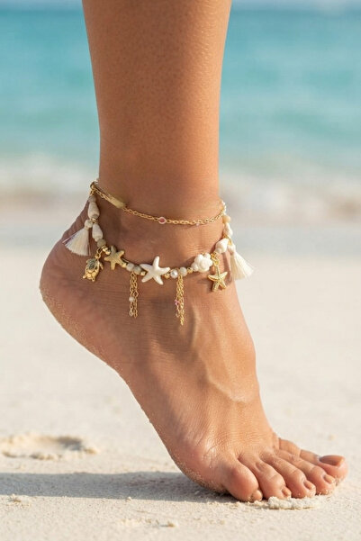 PETEK AKSESUAR 2-Piece Starfish Mussels Pearl Ankle Bracelet