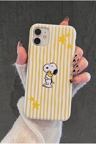 KVK PRİVACY iPhone 11 Uyumlu Snoopy Desenli Sarı Çizgili Yıldızlı Kadifemsi S...