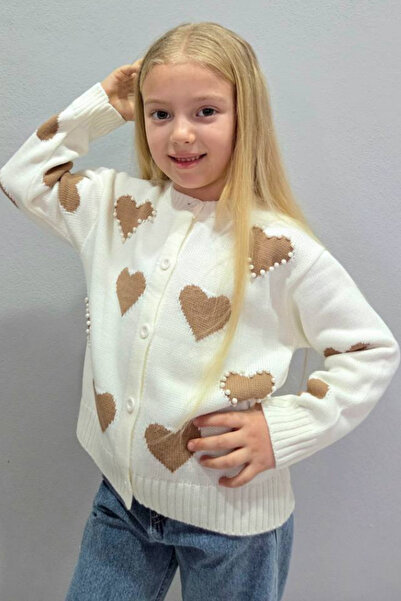 NOBLEKIDS Girl's Beaded Heart Patterned Knitwear Cardigan Ecru