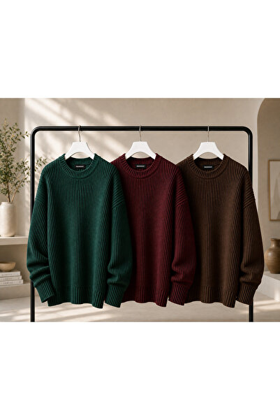 DepoExport Women's 3-Piece Crew Neck Oversize Knitwear Sweater Soft Knitted S...