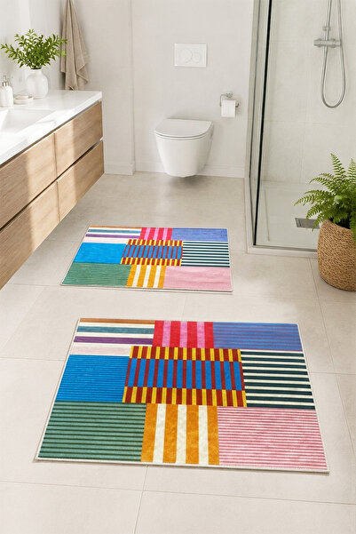 DEKOMOD Decorative Digital Printed Set of 2 Bath Mat Non-Slip Base Toilet Set