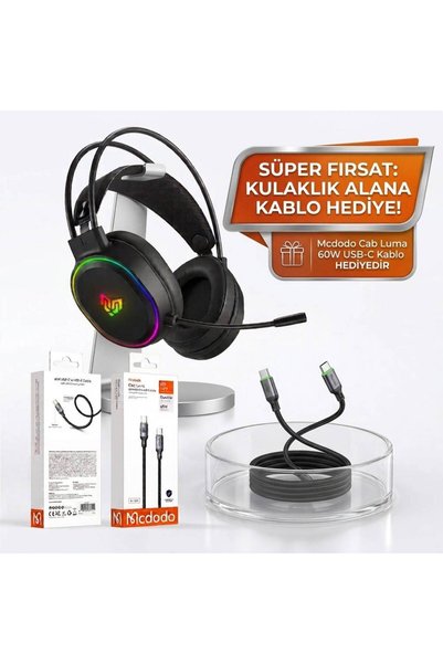 Blueforce Hopper RGB 7.1 USB Mikrofonlu Oyuncu Kulaklığı Siyah + Mcdodo Type-C Hızlı Şarj Kablosu HEDİYELİ
