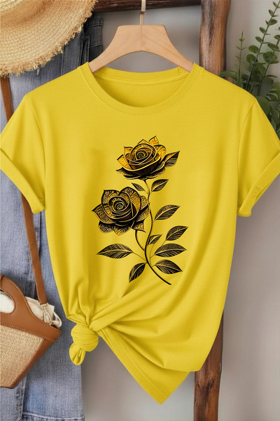 l'eivor Double Rose Bundle Color Matching Special Design Printed Women's T-Shirt