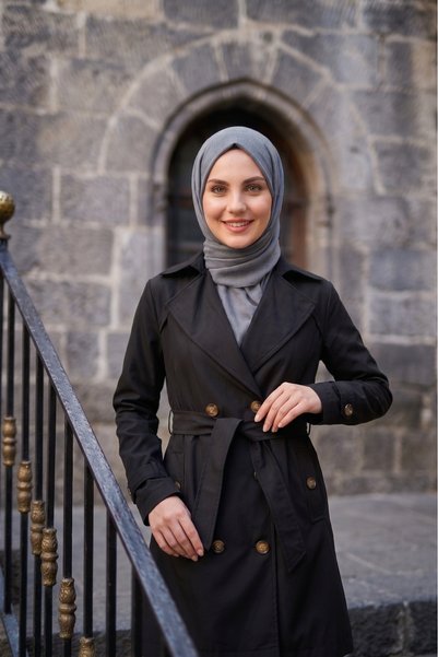 B.HE.Z Women's Degaje Collar Half-Length Hijab Lined Belted Water-Repellent Fabric Trench Coat Black