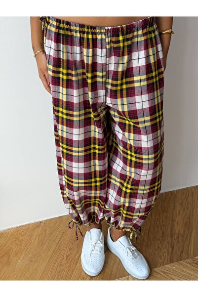 NEW JOURNAL Women's Burgundy-Multi Lace-Up Plaid Patterned Premium Shalwar Tr...