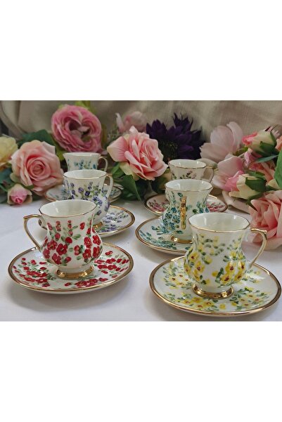 BY.RAYKA PORSELEN El Dekor Sema Porcelain Hand-Painted 6-Piece Cup Set