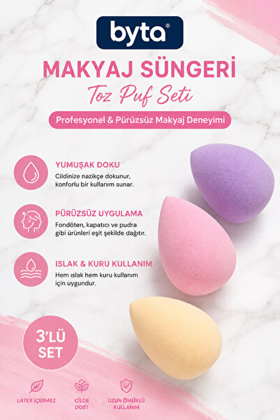 BYTA 3’lü Makyaj Süngeri Seti – Yumuşak Dokulu Islak & Kuru Kullanıma Uygun Fondöten ve Kapatıcı Süngeri