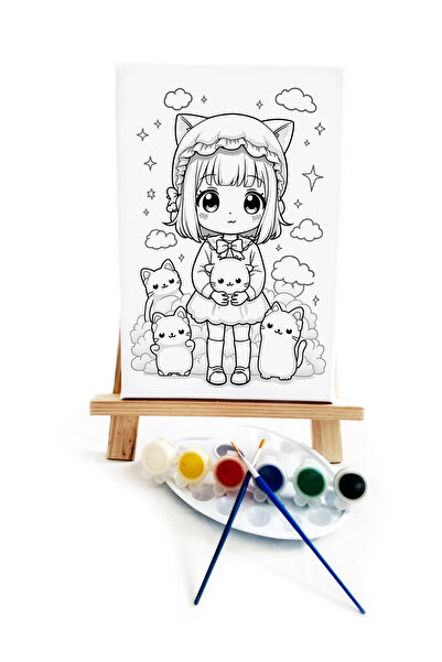 lilafil Anime Kız Ressam Seti - 20 x 30 cm Önçizimli Tuval, 2 Adet Fırça, Pal...