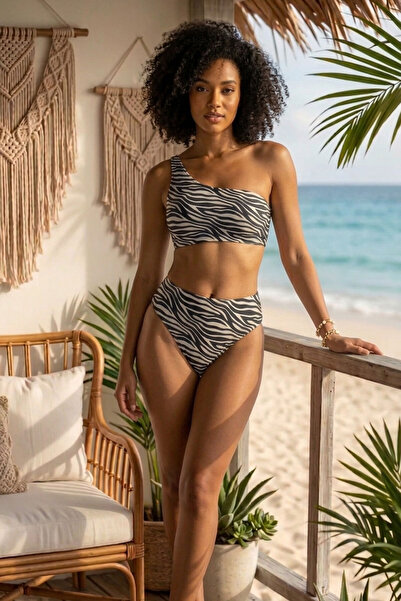 Genel Markalar Yüksek Bel Tek Omuz Zebra Desenli Bikini Takımı