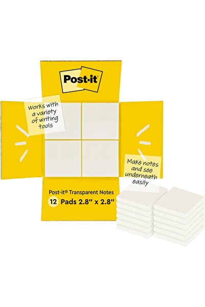 Post-it Şeffaf notlar, 12 blok, blok başına 36 yaprak, 73 mm x 73 mm, şeffaf ...