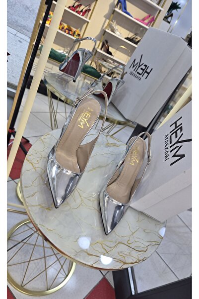HEYM Gümüş Parlak Sivri Burun Slingback Topuklu Kadın Davet ve Düğün Ayakkabısı