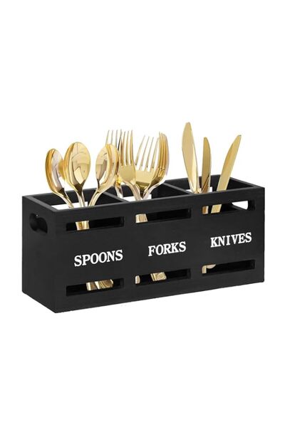 Generic Wooden Cutlery Organiser, 3-Compartment Kitchen Utensil Holder, Black...