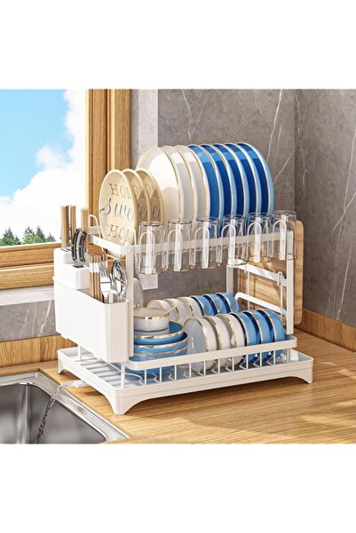 Generic Tazweeq Dish Drying Rack, 2-Tier Dish Drainer with Drainboard & Utens...