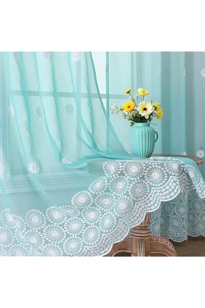 Generic WUBODTI Teal Ombre Sheer Curtains 84 Inch Length 2 Panels, Floral Emb...