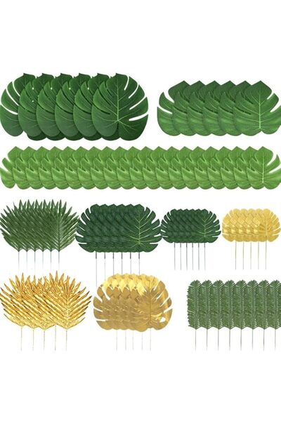 Generic Artificial Tropical Palm Leaves, 72 Pieces, Green and Gold, 10 Variet...