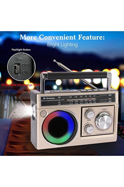 Mmctech Nostalji Solar Enerjili Güneş Panelli Fm Radyo Şarj Edilebilir Bluetooth Hoparlör Rbg Işıklı Sd Kart Usb ve El fenerli