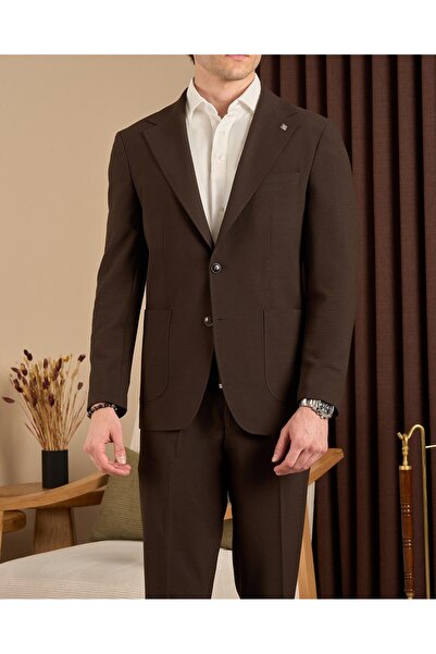 TerziAdemAltun Slim Fit Men's Mono Collar Pocket Seersucker Fabric Jacket Pan...