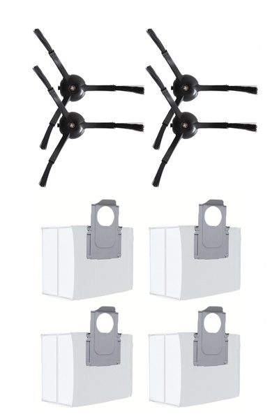 Rovexa 4 Black Side Brushes and 4 Dust Bags Compatible with Roborock Q8 & Q8 Max