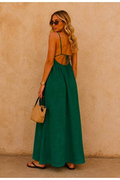 World Fashion Trends Πράσινο φόρεμα από βαμβακερό μείγμα με λεπτές τιράντες κ...