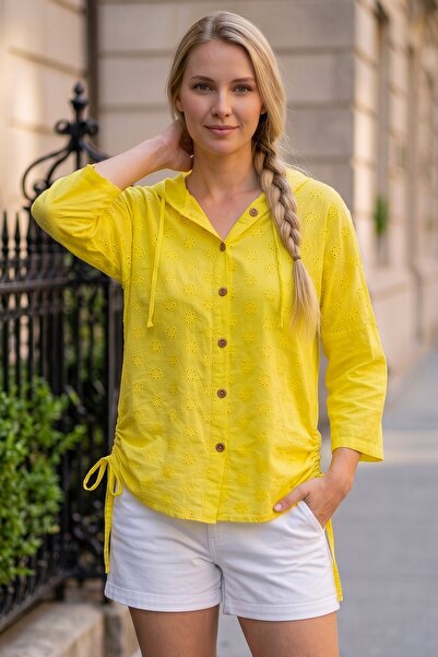 Chiccy Yellow Hooded 3/4 Sleeve Buttoned Side Tie Embroidered Cotton Woven Ja...