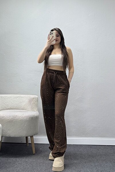 BELENDİR Women's Modal Fabric Stone-Embellished Sweatpants Brown