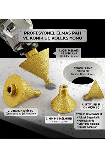 lstri Yuvarlak Konik Pah Kırma Ucu, Delik Genişletme, Parlatma, Frezeleme, Havşa Açma, 4” Açılı Taşlama Makineleri İçin M10 Dişli, Seramik, Mermer, Porselen, Duvarcılık Taşlama İşleri İçin50 mm Çap, M10