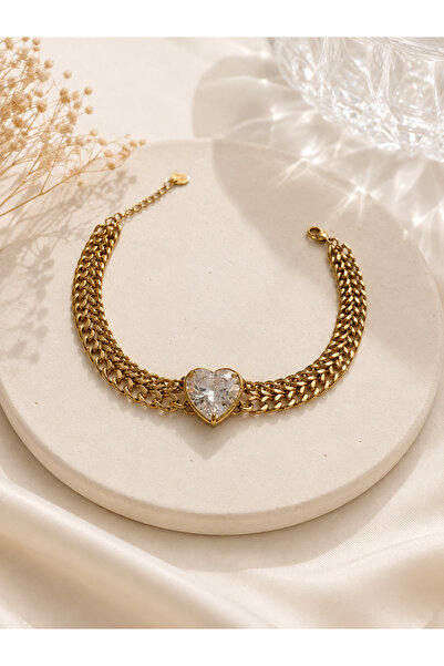 Archhazel Jewelery Gold Heart Stone Multi-Chain Steel Bracelet – Zircon Stone...