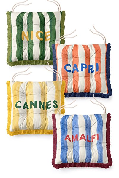 IdeCraft Mediterranean Cities Striped and Written Lace-Up Fringed 4-Piece Puf...