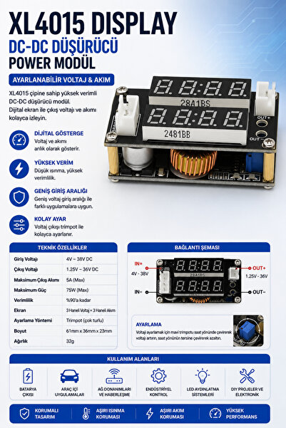 RoboPazar XL4015 5A DC-DC Step Down Dönüştürücü – Dijital Voltaj Akım Göstergeli Ayarlanabilir Güç Modülü