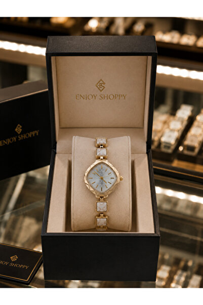 Generic Brand Women's Wristwatch Gold Color White Marble Patterned Band Styli...