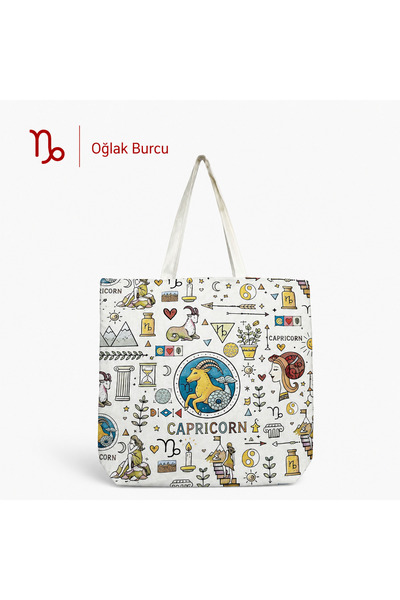 Oğlak Burcu Desenli Fermuarlı Günlük Kanvas Omuz Çantası
