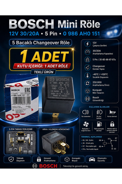 Bosch 12V 5 Pin Mini Röle 30/20A 1 Adet Değiştirici Far Sis Korna Fan Rölesi ...