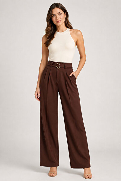 De Carte Women's High Waist Belt Buckle Pleated Modal Fabric Wide Leg Sweatpants