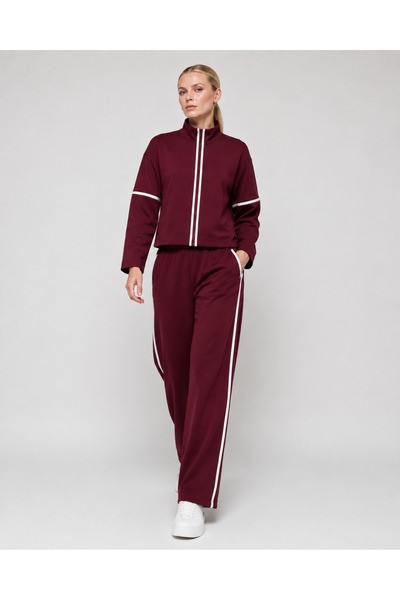 De Carte Women's Modal Fabric Stripe Detailed Stand Collar Zippered Wide Leg ...