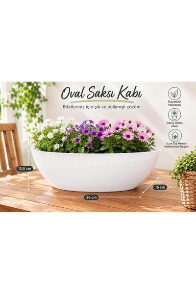 abnturk Pratik Dayanıklı Şık 3.8lt Tabaklı Beyaz Gondol Saksı-36x16x13,5cm Ov...