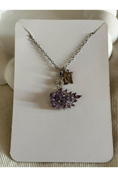 bijoux uniques Mor zirkon taşlı kuğu model N harfli 316L çelik kolye