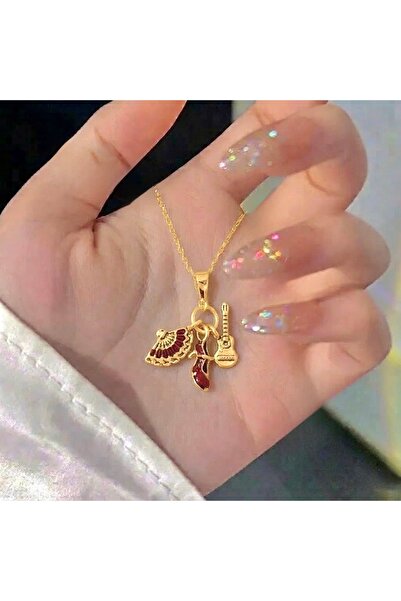 Heda Jewelry Yelpaze Charm Kolye - Çelik Bohem Kırmızı Yelpaze Kolye