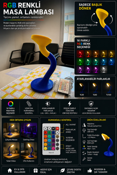 SEKO COMPANY RGB LED Masa Lambası Kumandalı – Renk Değiştiren Dekoratif Masaü...