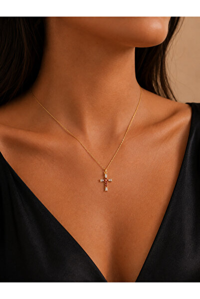 LİNOVE JEWELLERY Minimal garnet gümüş hac kolye, 925 ayar gümüş üzeri 14k alt...
