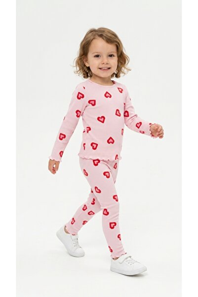 LC Waikiki Girls' Pajama Set Heart Patterned Ribbed Long Sleeve Blouse Leggin...