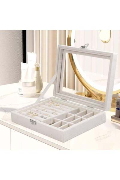 DubaiGallery Premium White Jewelry Organizer Case with Glass Display Lid, Mul...