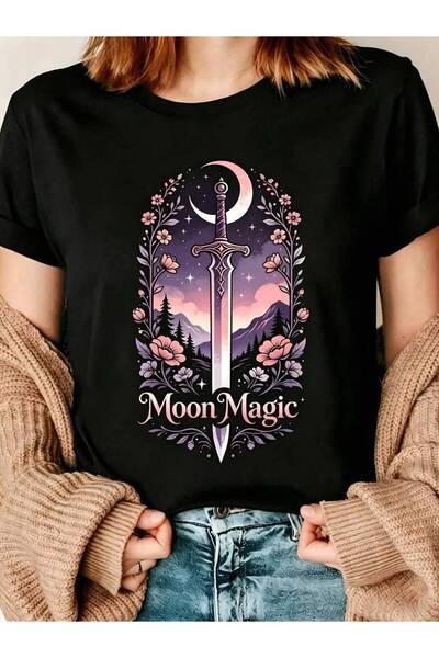 9JY Mystical Fantasy Style Women's T-Shirt Moon Magic Sword And Floral Design...