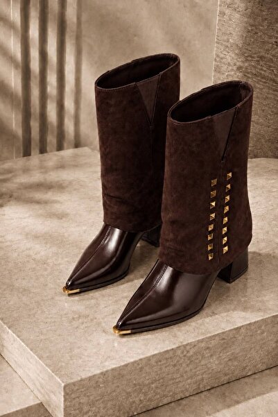 İncimoda Livamod Women's Pointed Toe Studded Suede Detailed Thick Heeled Cowb...