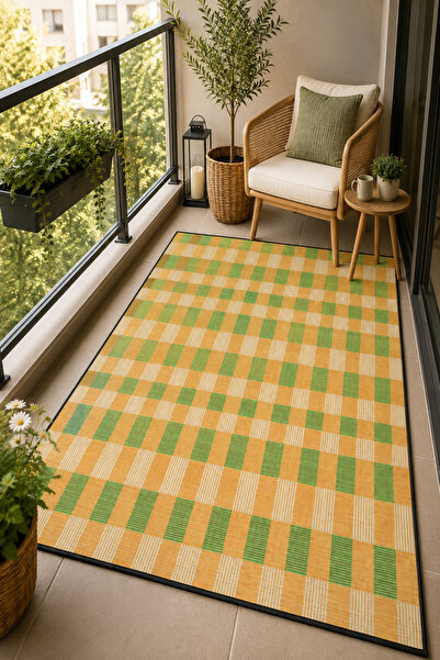 Pearlora Home Dijital Baskı Halı Sarı Yeşil Kareli Desenli Dekoratif Salon Ba...