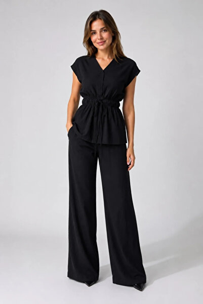 bysoca Women's Black Cotton Linen Two-Piece Set with Gipeli Waistband, Lace-U...