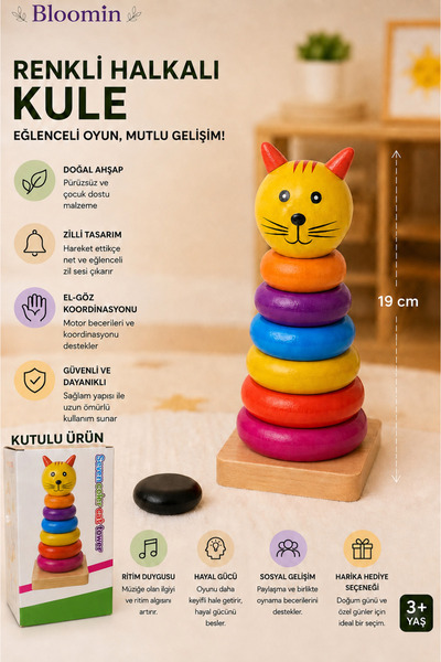 Bloomin Ahşap Renkli Halkalı Kule Koordinasyon ve Zeka Oyunu Ahşap Çocuk Bebe...