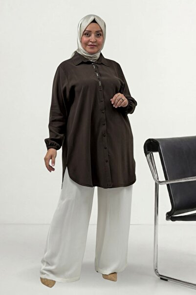 Eslina 68084 Plus Size Stone Detailed Cupra Shirt with Elastic Sleeves - Brown
