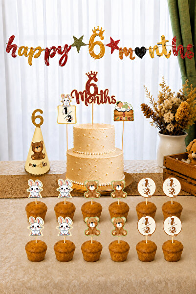 Huzur Party Store 6 Months Birthday Party Set Happy 6 Months Banner Hat Cake ...