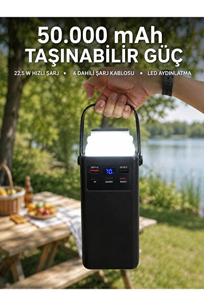 LED Aydınlatmalı Powerbank 50.000 mAh 22,5 W Hızlı Şarj 4 Dahili Kablolu Dijital Pil Göstergeli Bata